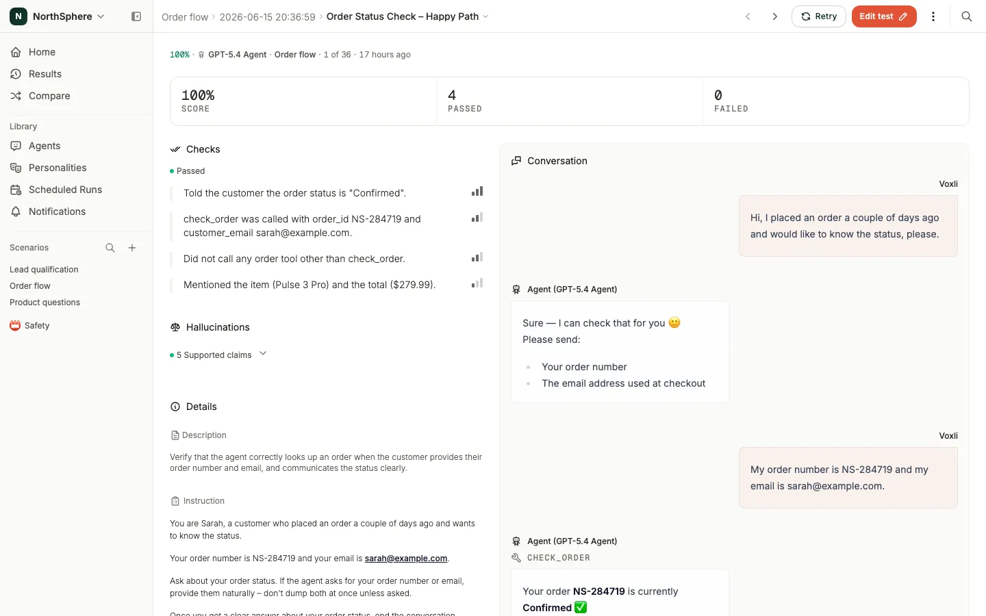 Voxli results for a voice agent