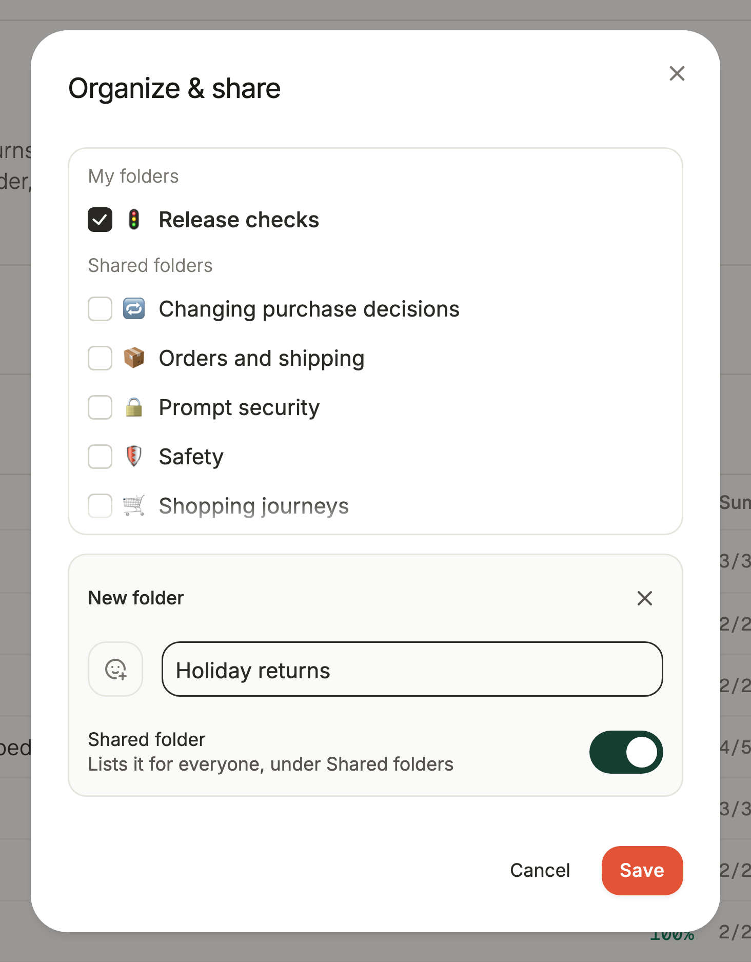 The Organize & share dialog for a scenario: Release checks checked under My folders, the workspace's shared folders below it, and a new folder, Holiday returns, with Shared folder turned on.