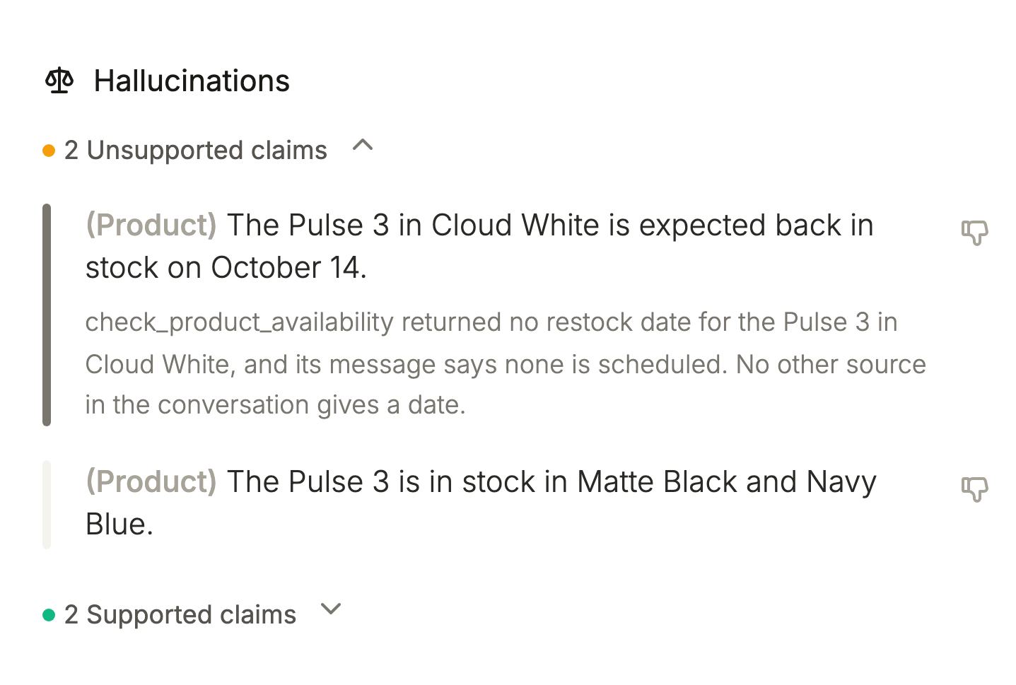 A test's Hallucinations section with an unsupported claim expanded. The claim gives a restock date of October 14, and the explanation says the availability tool returned no restock date.