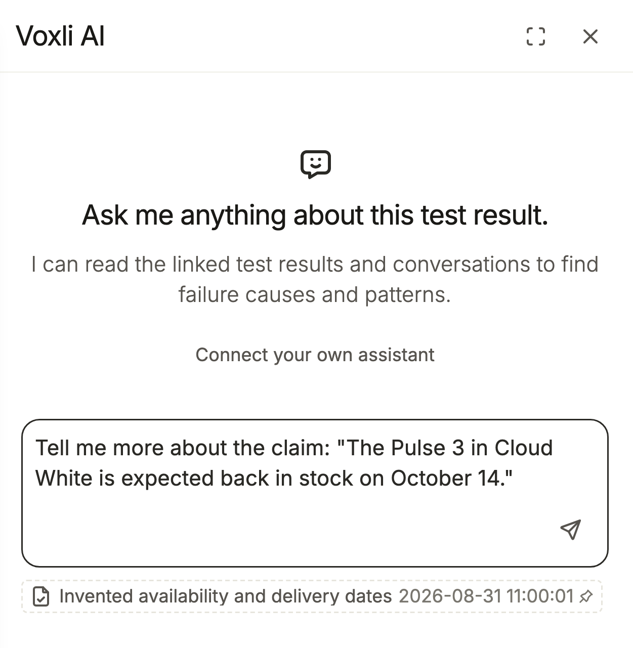 The Voxli AI panel opened from a flagged claim, with a question quoting the claim in the message box, ready to edit and send.